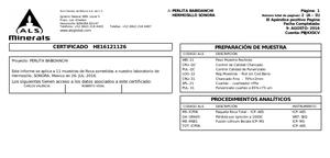 Portada de Certificado de análisis geoquímico